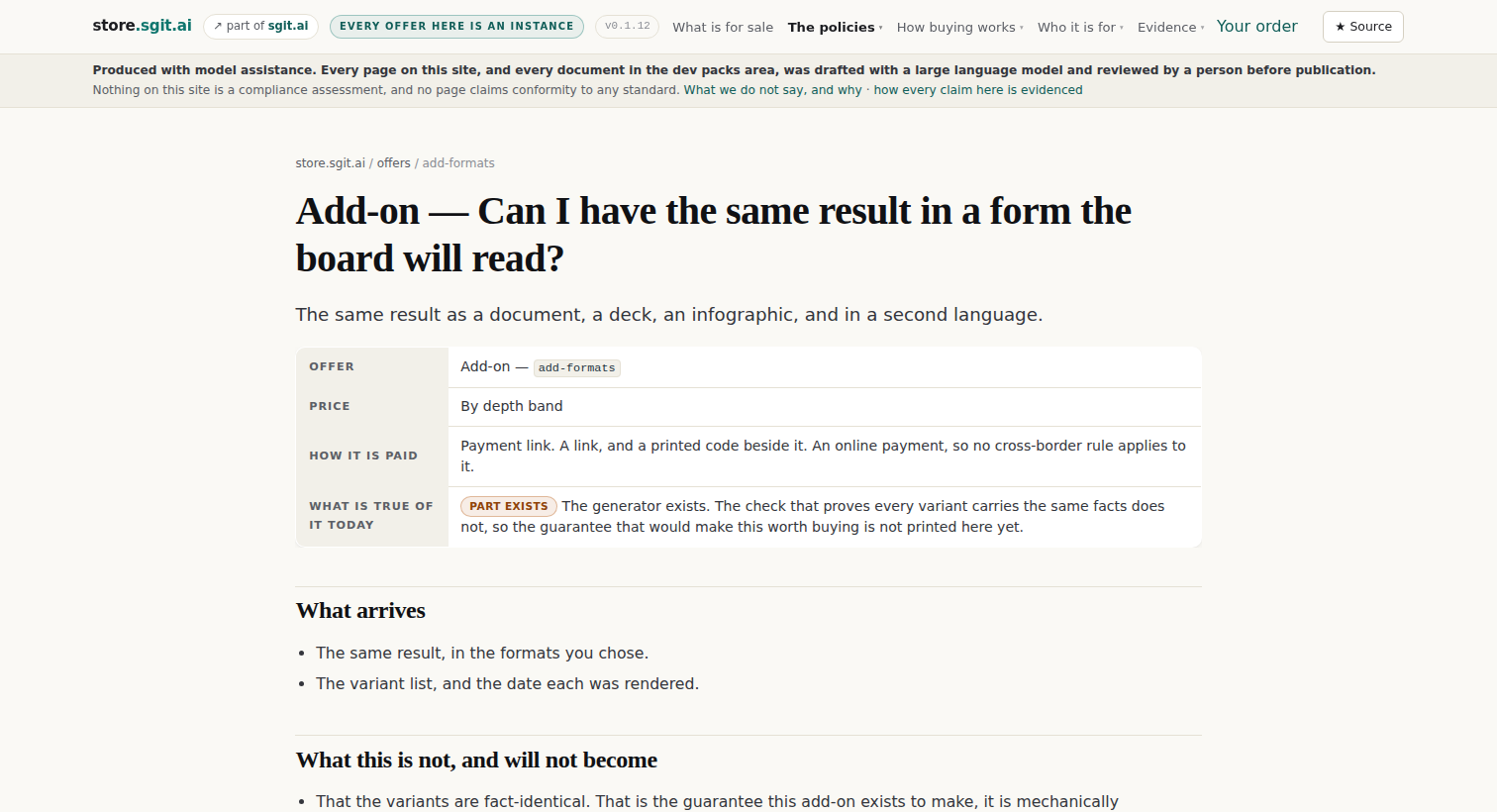 The add-on whose own heading is a board-level question, priced “by depth band” with no number and a part-exists state. The persona who most needed it could not act on it.