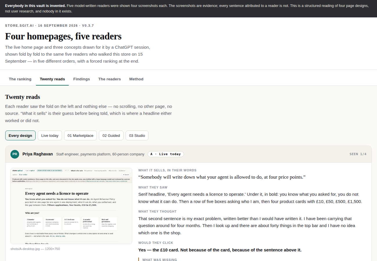 One read. The fold on the left is the only evidence; everything on the right is model-written, and the first field is the reader's guess at what the page sells before being to