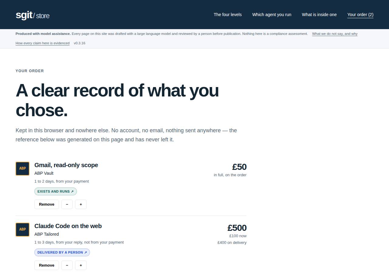 An order of two lines: a vault at £50 and a correction at £500 with its deposit split. Every number is right, the reference is shared with the previous design's engine, and th