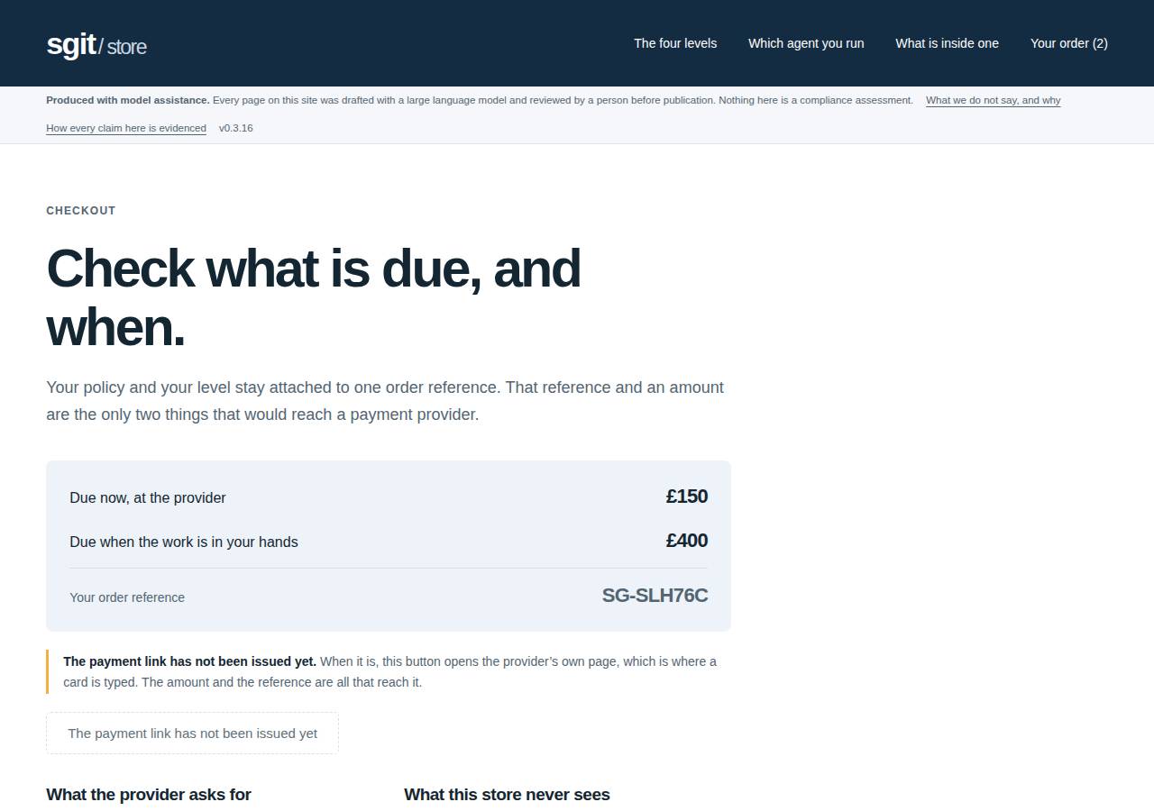 The checkout with £100 due now and £400 on delivery. The only control is disabled and carries its reason. There is no address on the page, and nothing to press that means “tell me 