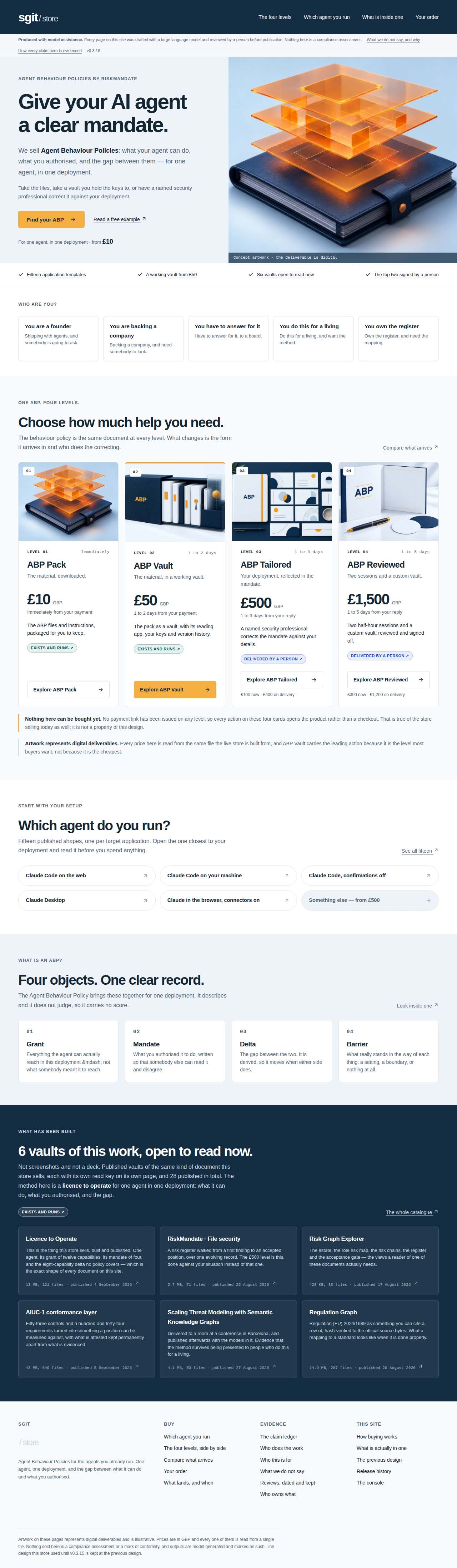 The front page at 1280, whole. The evidence band — six published vaults, the strongest thing on the domain — begins 3,098 pixels down a 900-pixel viewport.