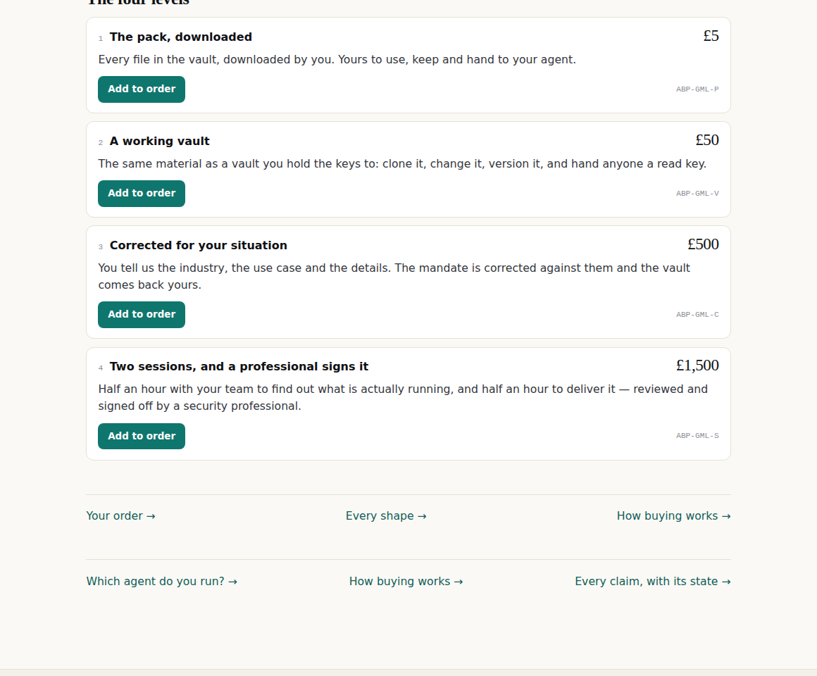 A product page showing four levels side by side at £5, £50, £500 and £1,500, each with a description, an Add to order button and a SKU.