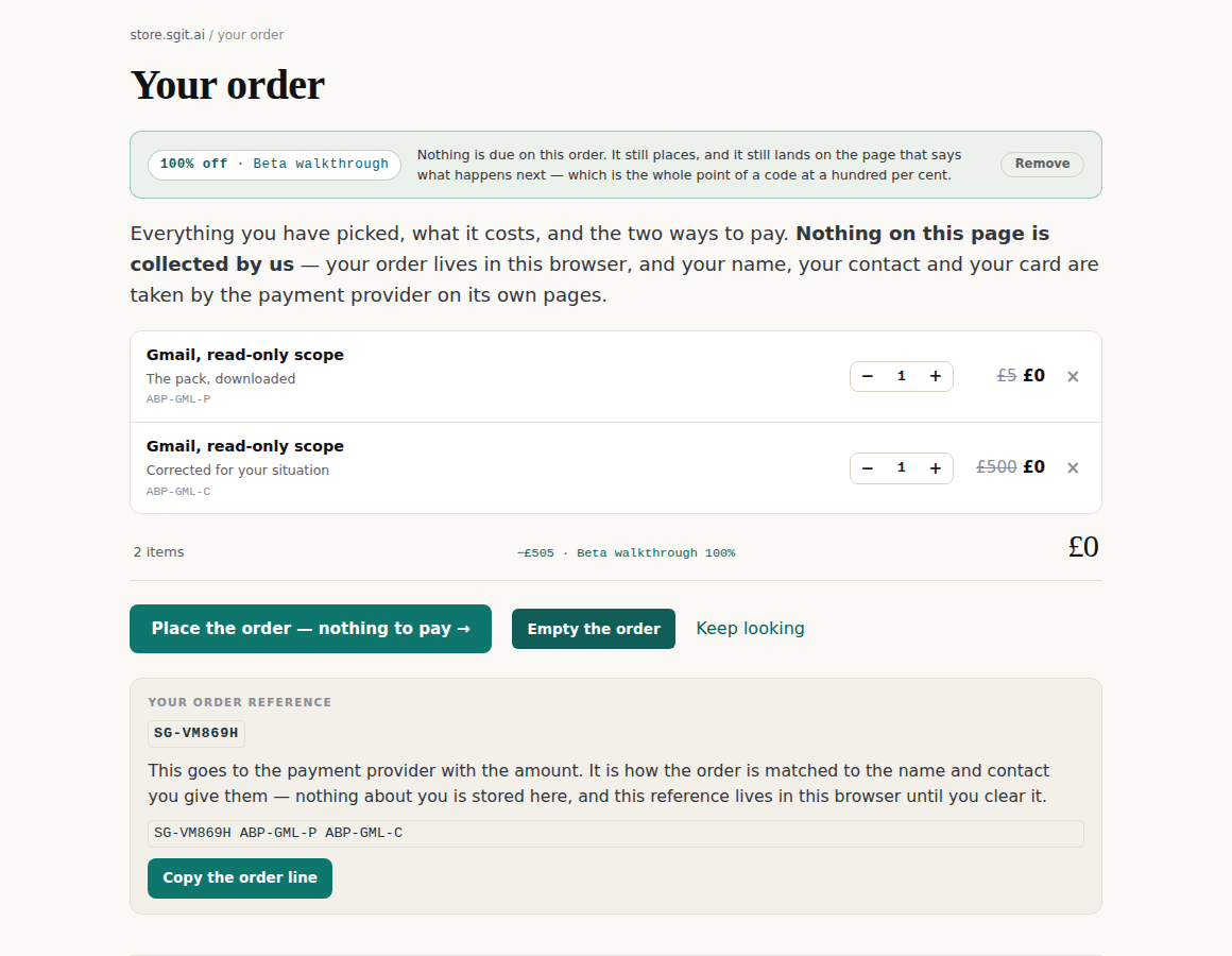 The order page showing two lines with their list prices struck through, a total of £0, and a deposit box.