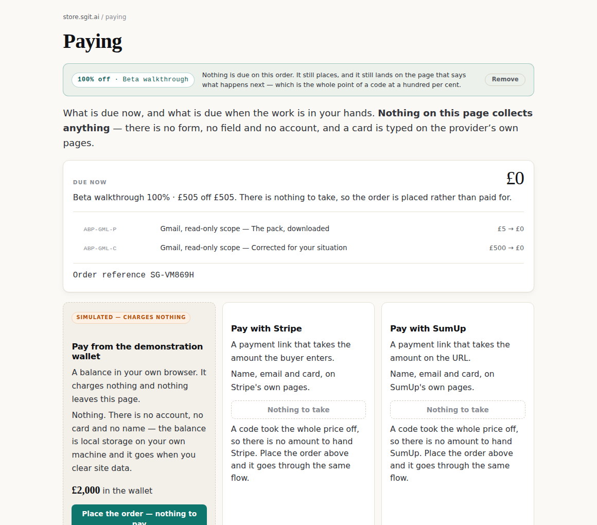 The paying page showing £0 due now, the two lines with their before and after prices, and three payment rails of which only the simulated wallet is live.