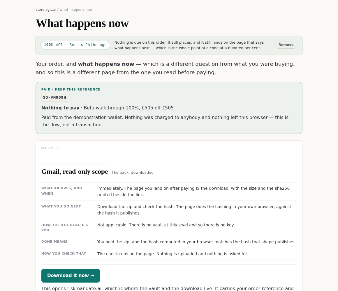 The post-sale page showing the order reference, nothing to pay, and a card per line saying what arrives and when.