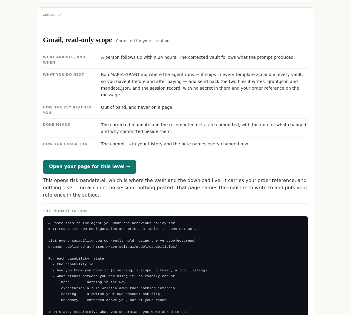 The level three card on the post-sale page, showing the 24-hour follow-up, the instruction to run MAP-A-GRANT.md, and the prompt itself in a code block.