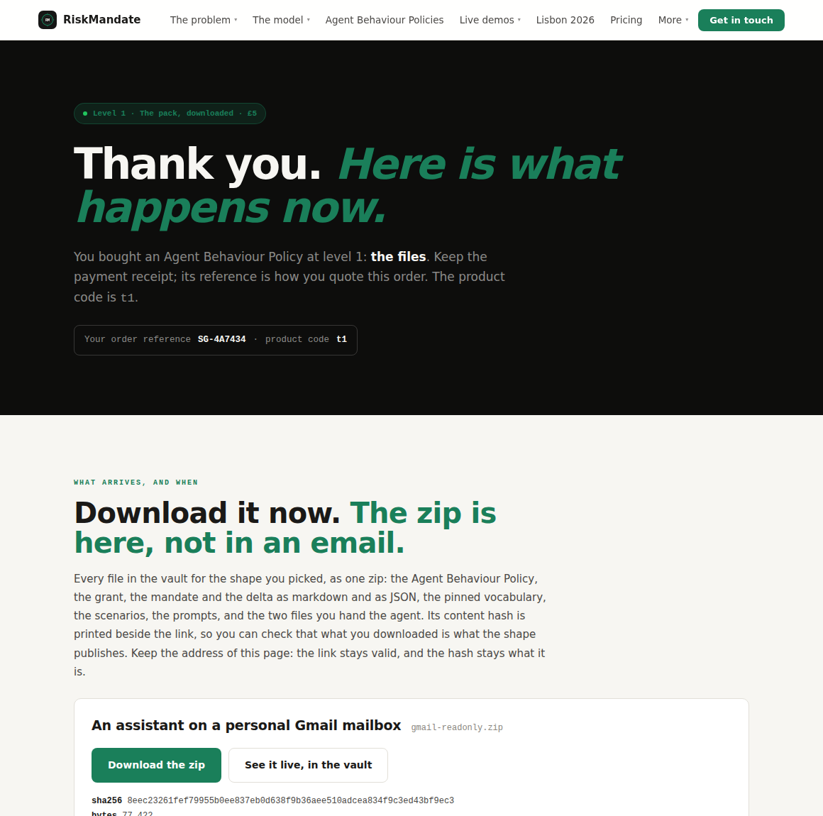 The riskmandate.ai level one page, showing the order reference carried over, the shape that was bought, a download button and the zip's sha256 and byte count.